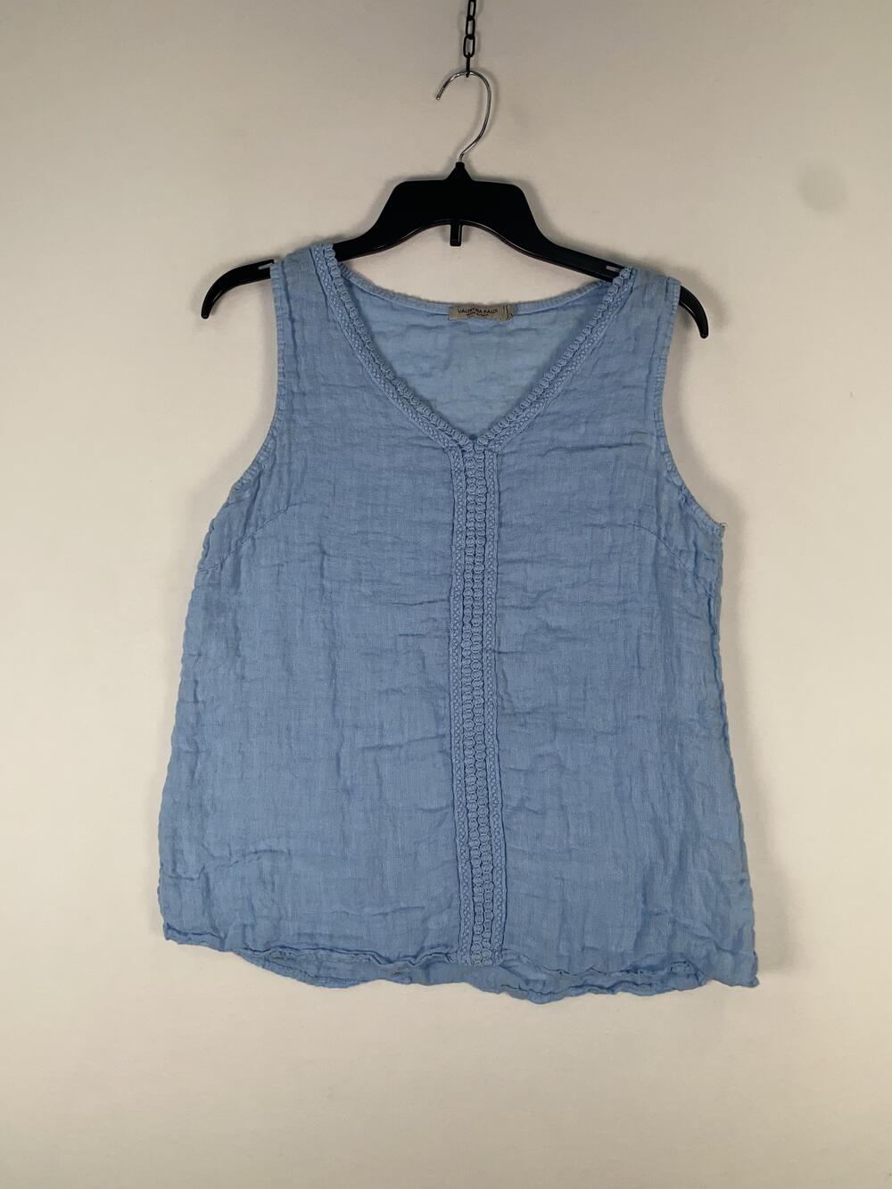 Valentina Naldi Tank Top Womens Large Blue Linen Crochet V Neck Made Italy